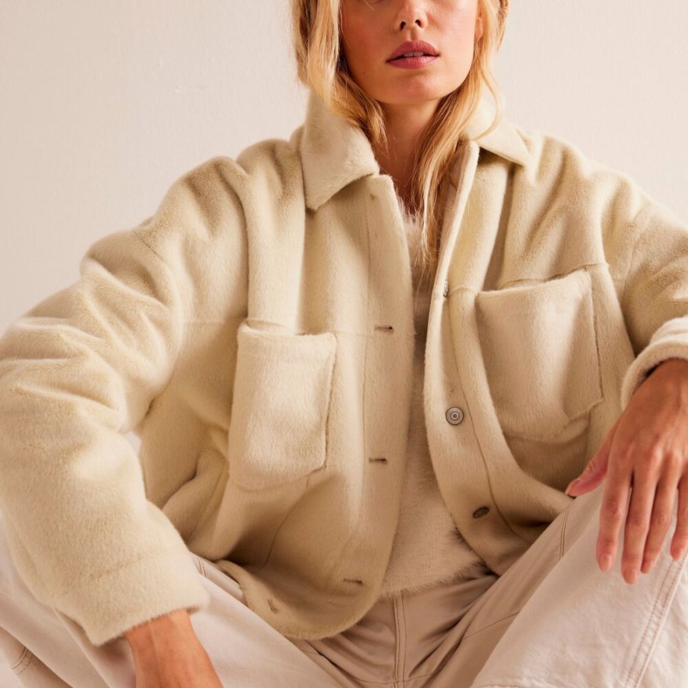 Free People We The Free Cozy Ivory Opal Swing Jean Jacket Size Large